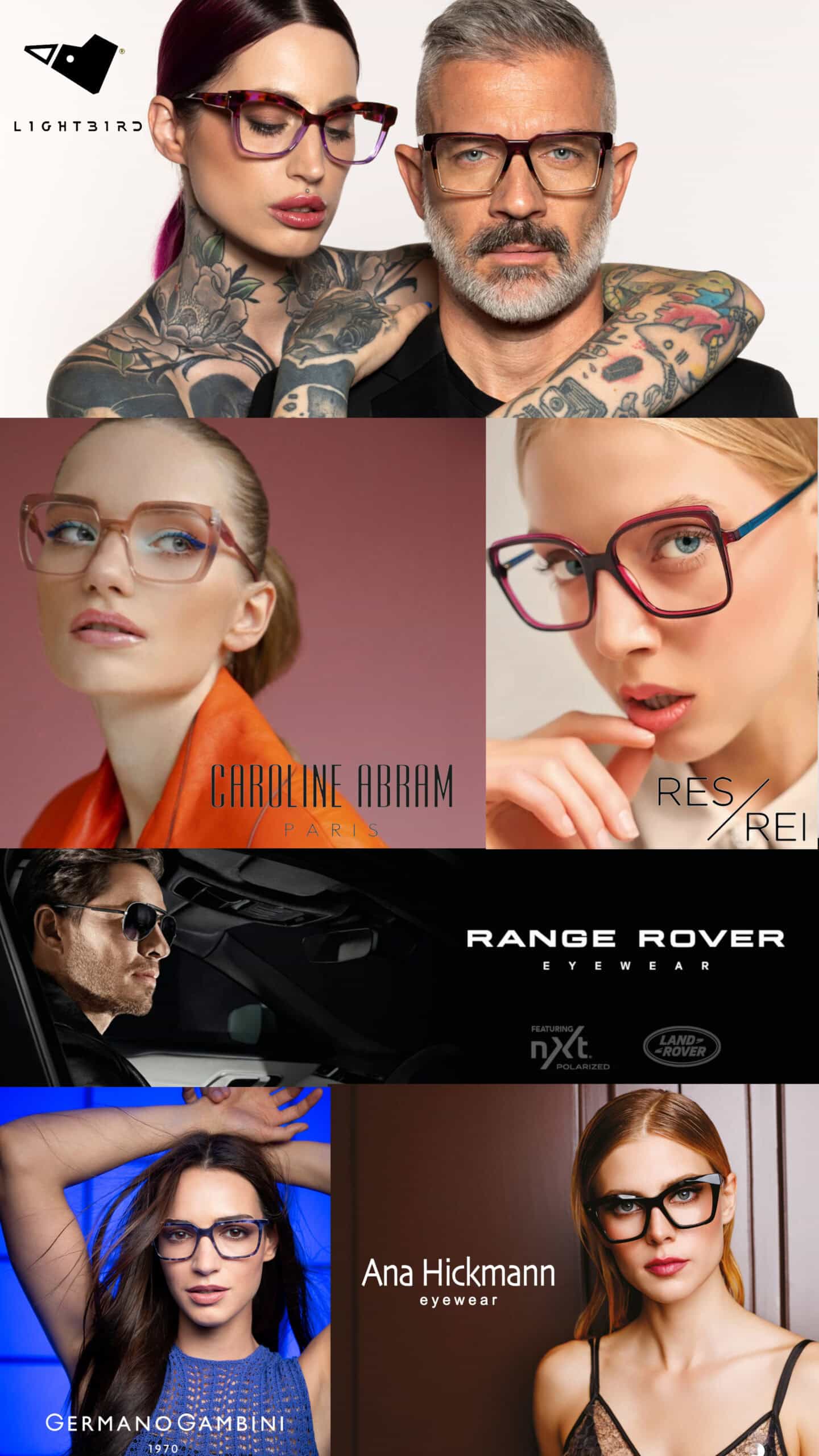 Kolaż zdjęć prezentujących modne oprawki okularowe znanych marek optycznych, takich jak Lightbird, Caroline Abram, Range Rover Eyewear, Calvin Klein i Moonlight; na zdjęciach widoczne są różnorodne modele okularów korekcyjnych i przeciwsłonecznych, podkreślających nowoczesny design, wysoką jakość oraz innowacyjne rozwiązania optyczne.