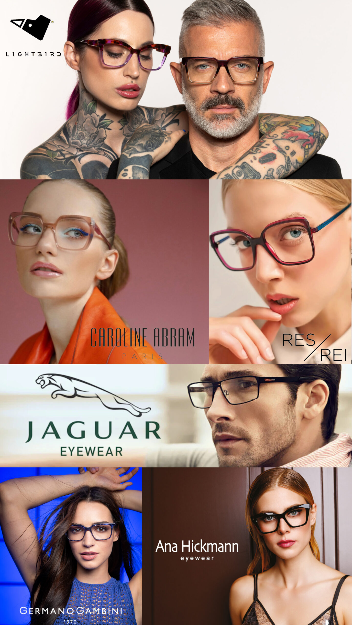 Kolaż zdjęć prezentujących modne oprawki okularowe znanych marek optycznych, takich jak Lightbird, Caroline Abram, Range Rover Eyewear, Calvin Klein i Moonlight; na zdjęciach widoczne są różnorodne modele okularów korekcyjnych i przeciwsłonecznych, podkreślających nowoczesny design, wysoką jakość oraz innowacyjne rozwiązania optyczne.
