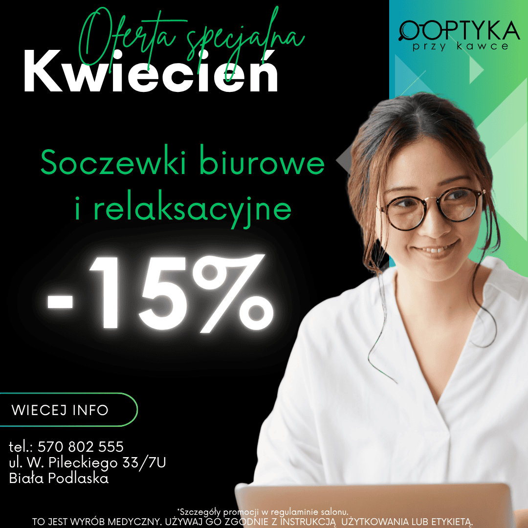 Młoda kobieta w okularach z laptopem na wysokości kolan. Informacja o aktualnej w kwietniu popmocji.
